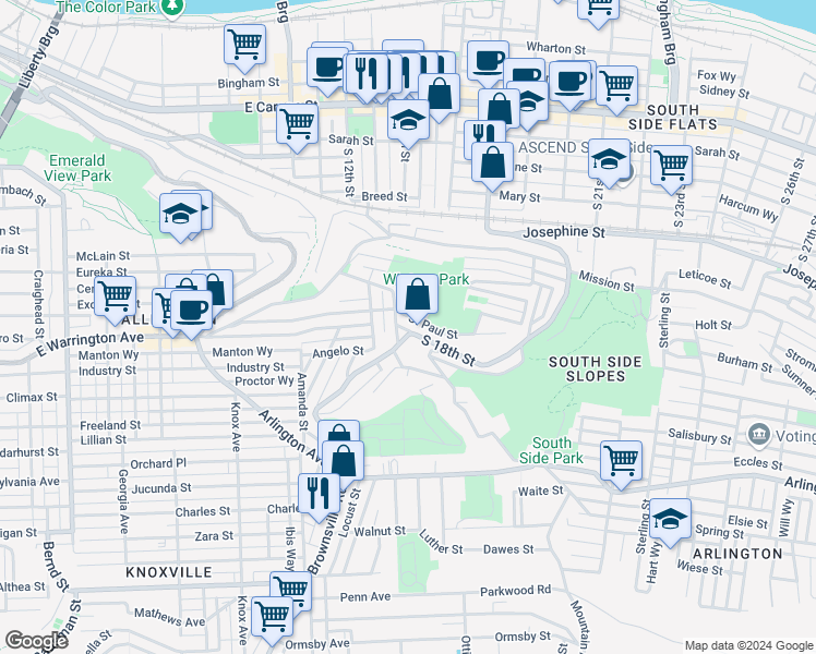 map of restaurants, bars, coffee shops, grocery stores, and more near in Pittsburgh