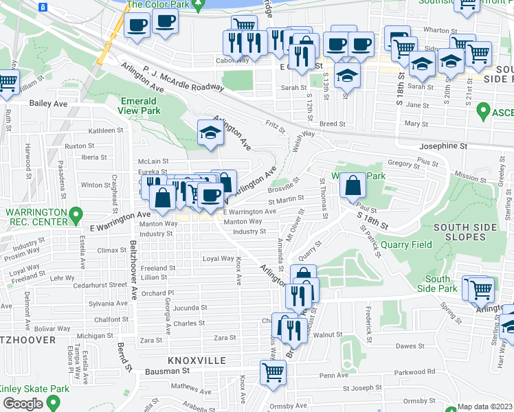 map of restaurants, bars, coffee shops, grocery stores, and more near 969 East Warrington Avenue in Pittsburgh