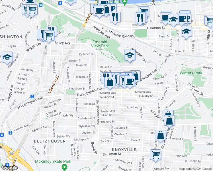map of restaurants, bars, coffee shops, grocery stores, and more near 617 East Warrington Avenue in Pittsburgh
