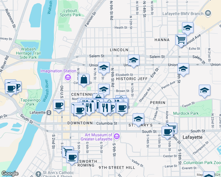 map of restaurants, bars, coffee shops, grocery stores, and more near 806 Brown Street in Lafayette