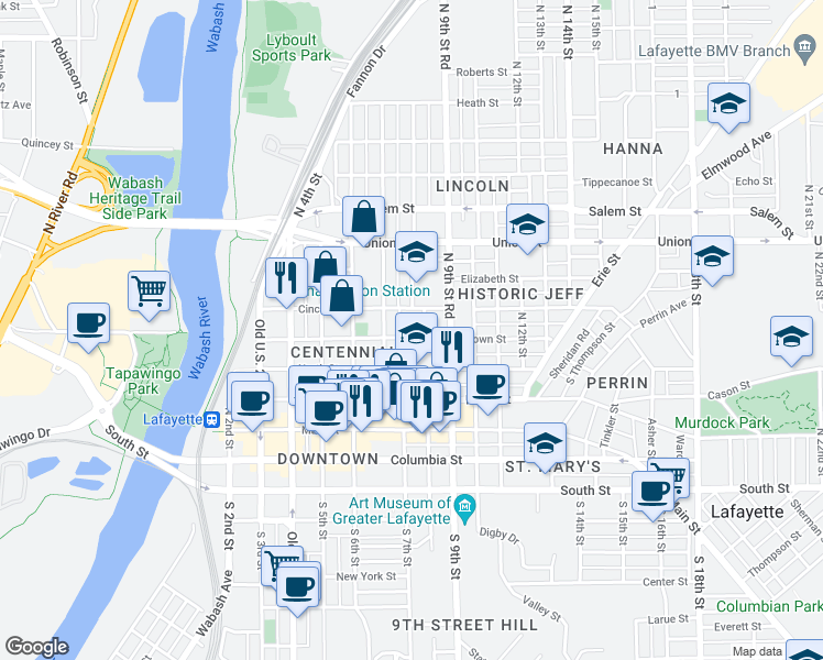 map of restaurants, bars, coffee shops, grocery stores, and more near 638 North Street in Lafayette