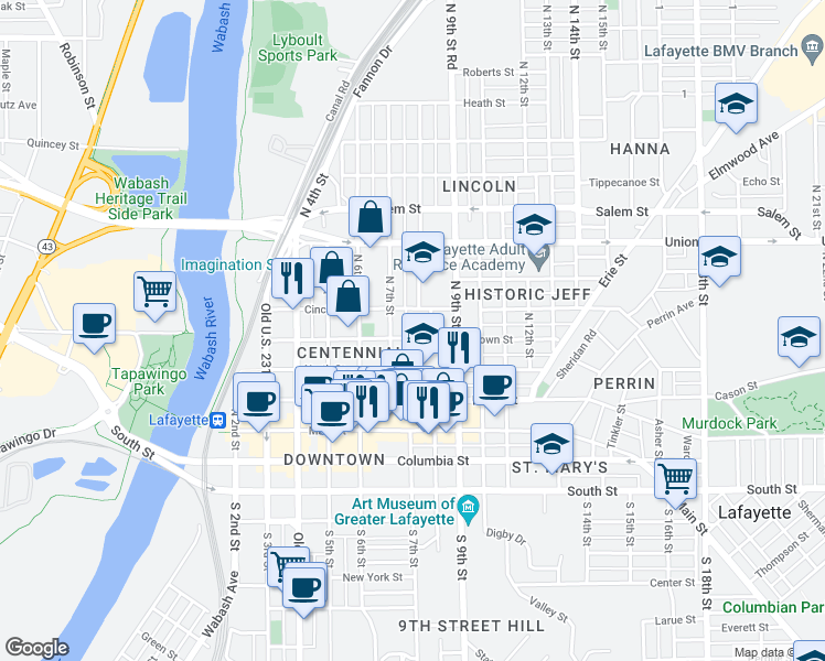 map of restaurants, bars, coffee shops, grocery stores, and more near 638 North Street in Lafayette
