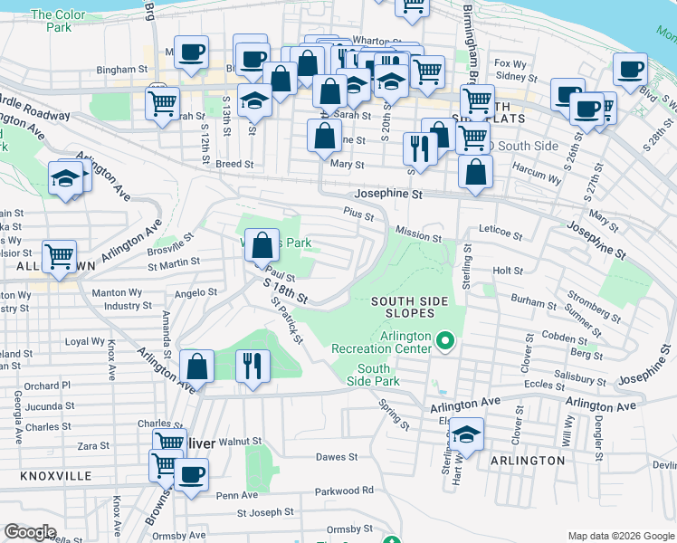 map of restaurants, bars, coffee shops, grocery stores, and more near 1930 Shamokin Street in Pittsburgh