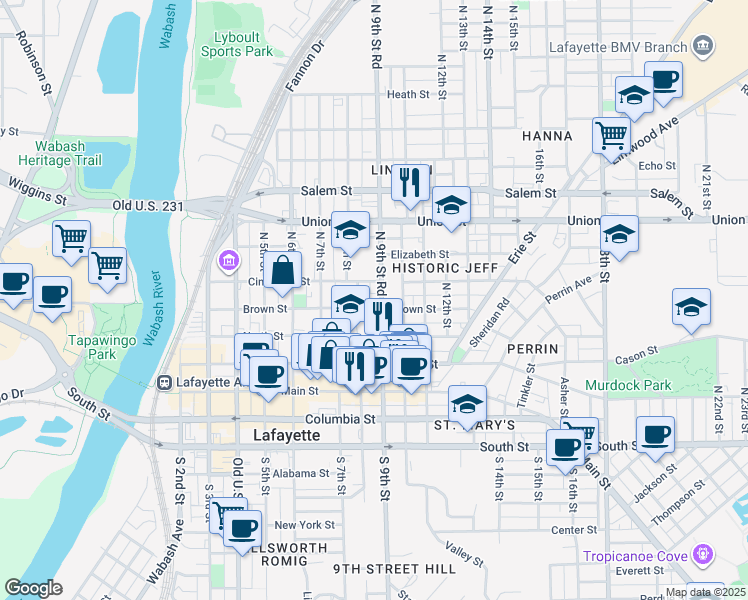 map of restaurants, bars, coffee shops, grocery stores, and more near 806 Brown Street in Lafayette