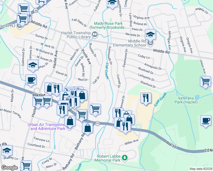 map of restaurants, bars, coffee shops, grocery stores, and more near 25 Croman Court in Hazlet