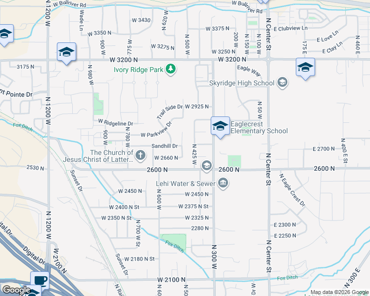 map of restaurants, bars, coffee shops, grocery stores, and more near 2712 North Park View Court in Lehi