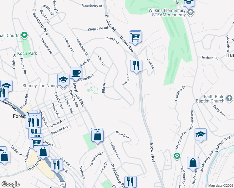 map of restaurants, bars, coffee shops, grocery stores, and more near 1004 Elizabeth Street in Pittsburgh