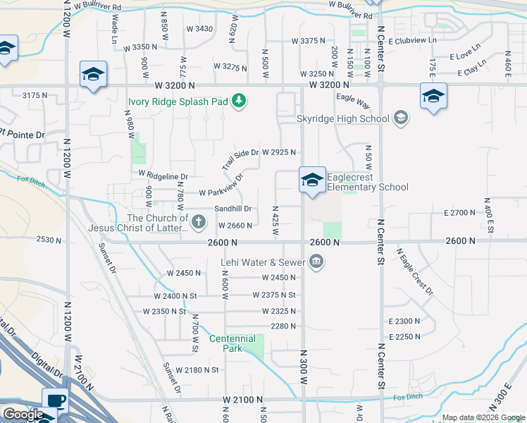 map of restaurants, bars, coffee shops, grocery stores, and more near 2712 North Park View Court in Lehi