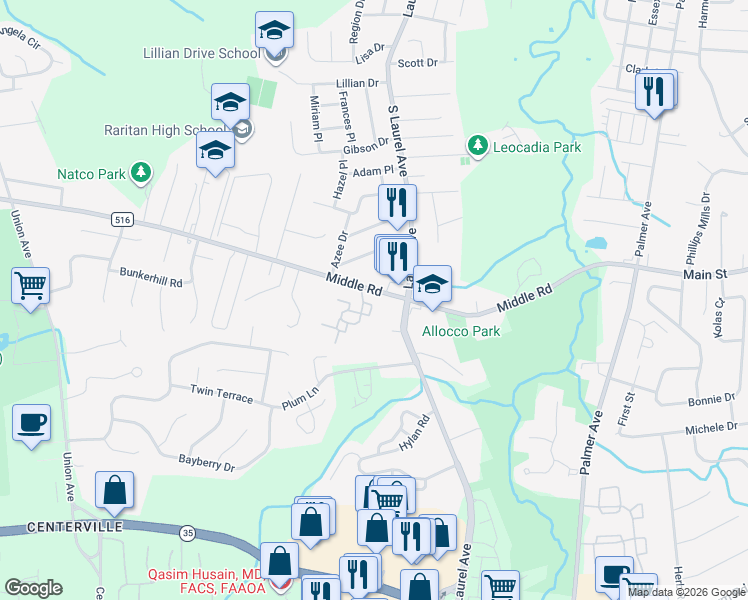 map of restaurants, bars, coffee shops, grocery stores, and more near 11 Lexington Court in Holmdel