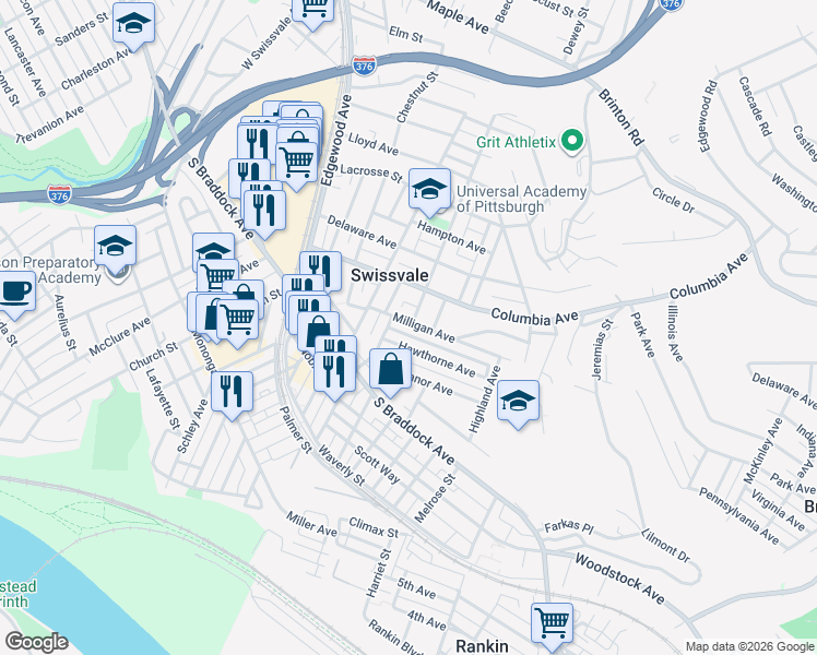 map of restaurants, bars, coffee shops, grocery stores, and more near 2214 Milligan Avenue in Pittsburgh