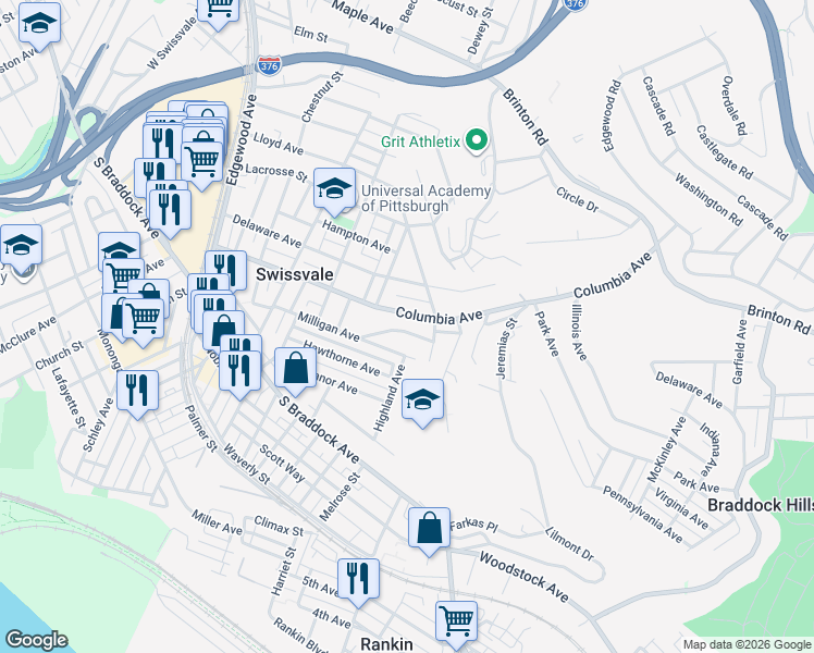 map of restaurants, bars, coffee shops, grocery stores, and more near 2341 Patterson Avenue in Pittsburgh