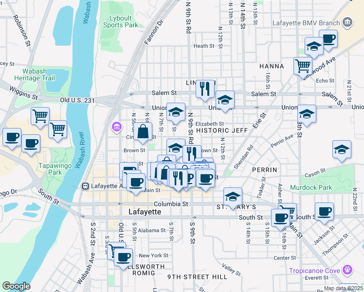 map of restaurants, bars, coffee shops, grocery stores, and more near 806 Brown Street in Lafayette