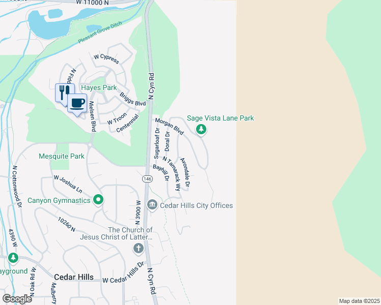 map of restaurants, bars, coffee shops, grocery stores, and more near 10463 Morgan Boulevard in Pleasant Grove