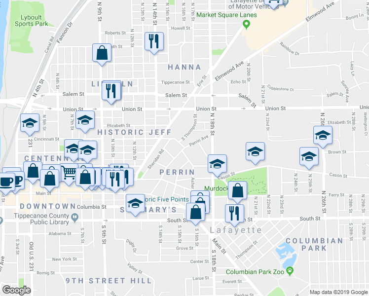 map of restaurants, bars, coffee shops, grocery stores, and more near 1599 Cincinnati Street in Lafayette