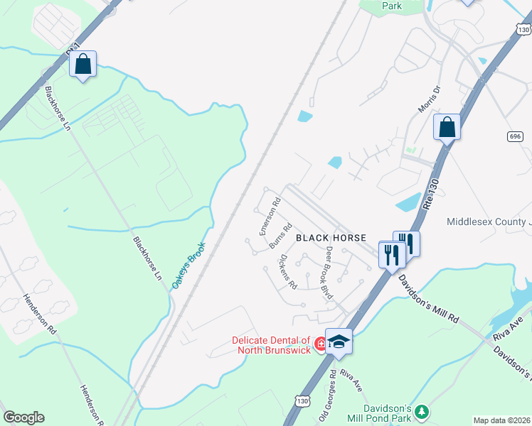 map of restaurants, bars, coffee shops, grocery stores, and more near 22 Twain Road in North Brunswick Township