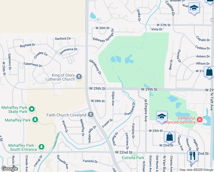map of restaurants, bars, coffee shops, grocery stores, and more near 2902 Glendevey Drive in Loveland