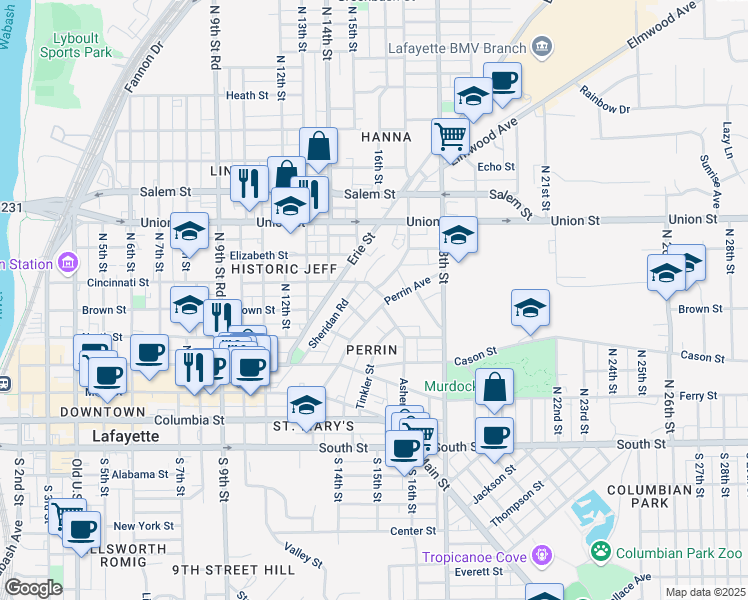 map of restaurants, bars, coffee shops, grocery stores, and more near 522 Perrin Avenue in Lafayette
