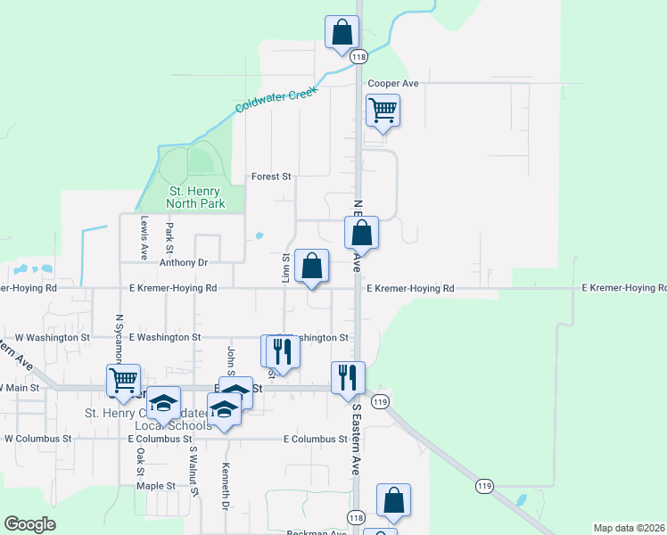 map of restaurants, bars, coffee shops, grocery stores, and more near 602 Country Lane in Saint Henry