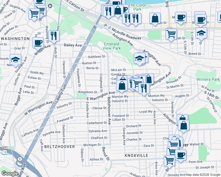 map of restaurants, bars, coffee shops, grocery stores, and more near 617 East Warrington Avenue in Pittsburgh