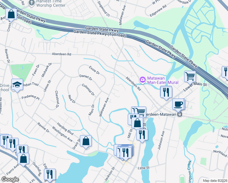 map of restaurants, bars, coffee shops, grocery stores, and more near 29 Crest Circle in Matawan