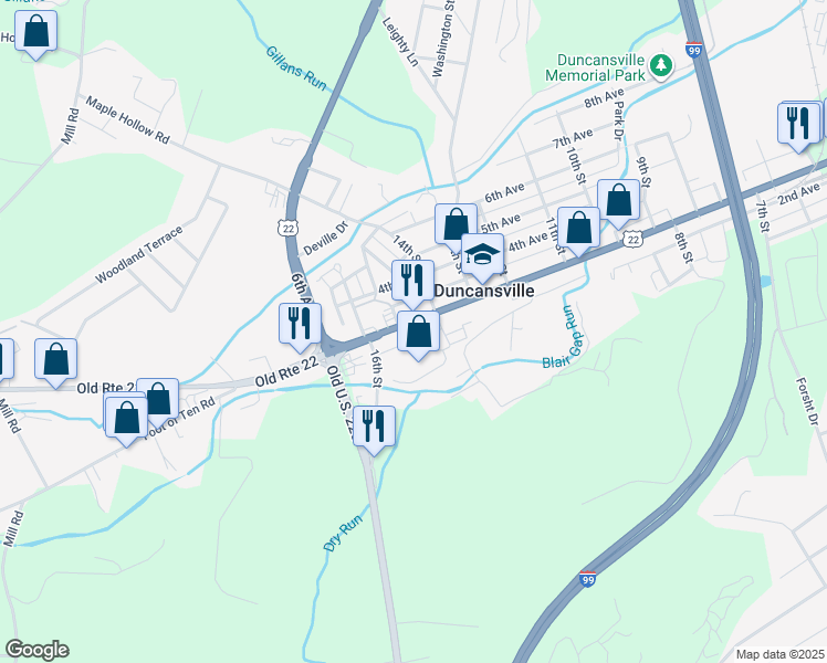 map of restaurants, bars, coffee shops, grocery stores, and more near 1419 3rd Avenue in Duncansville