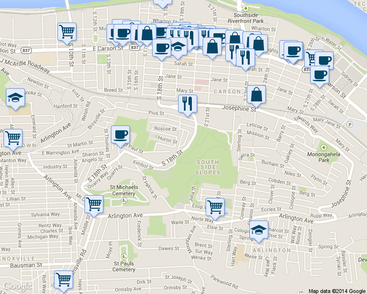 map of restaurants, bars, coffee shops, grocery stores, and more near 21 Saint Leo Street in Pittsburgh