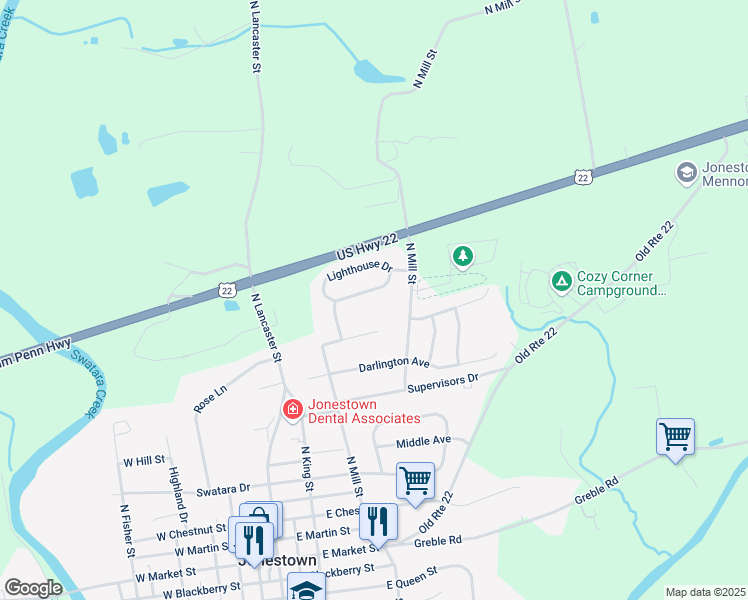 map of restaurants, bars, coffee shops, grocery stores, and more near 336 Lighthouse Drive in Jonestown