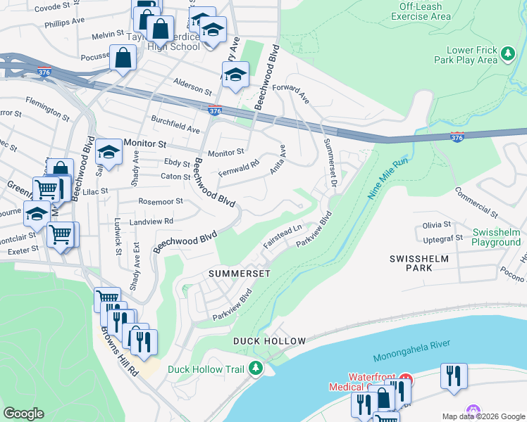 map of restaurants, bars, coffee shops, grocery stores, and more near 19 Rosemont Lane in Pittsburgh
