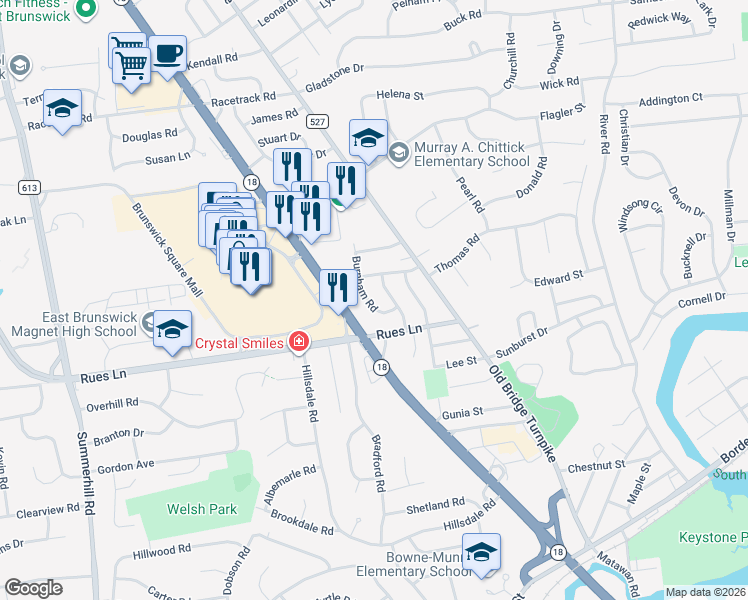 map of restaurants, bars, coffee shops, grocery stores, and more near 8 Burnham Road in East Brunswick