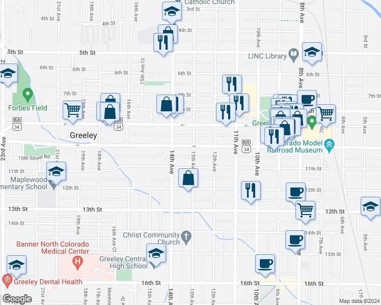 map of restaurants, bars, coffee shops, grocery stores, and more near 1009 13th Avenue in Greeley