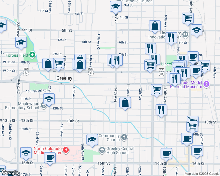 map of restaurants, bars, coffee shops, grocery stores, and more near 1428 10th Street in Greeley
