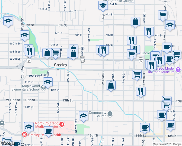 map of restaurants, bars, coffee shops, grocery stores, and more near 1519 11th Street in Greeley