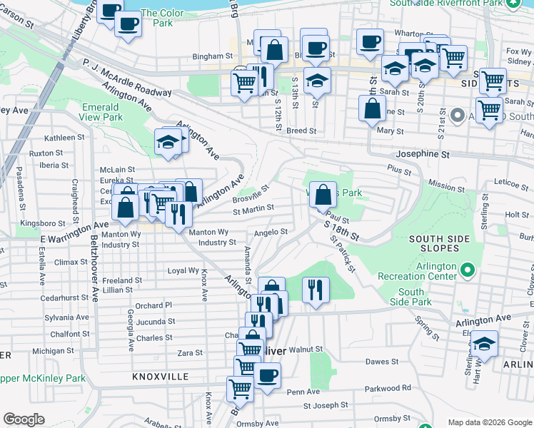 map of restaurants, bars, coffee shops, grocery stores, and more near 1018 East Warrington Avenue in Pittsburgh