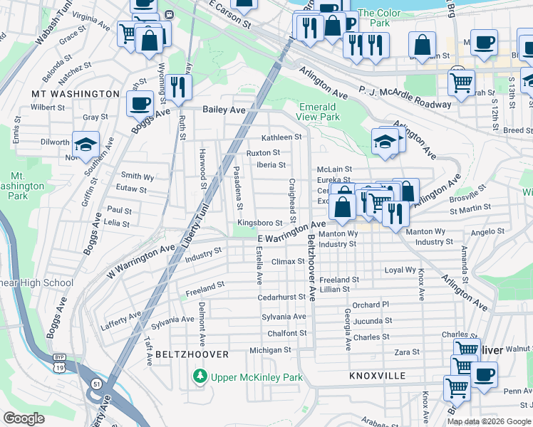 map of restaurants, bars, coffee shops, grocery stores, and more near 427 Kingsboro Street in Pittsburgh