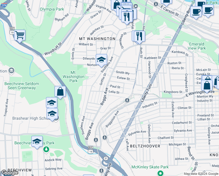 map of restaurants, bars, coffee shops, grocery stores, and more near 541 Boggs Avenue in Pittsburgh