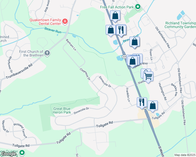 map of restaurants, bars, coffee shops, grocery stores, and more near 3009 Dovecote Drive in Quakertown