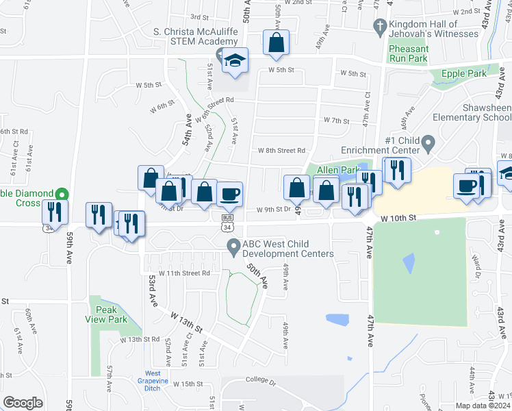 map of restaurants, bars, coffee shops, grocery stores, and more near 4957 West 9th Street Drive in Greeley