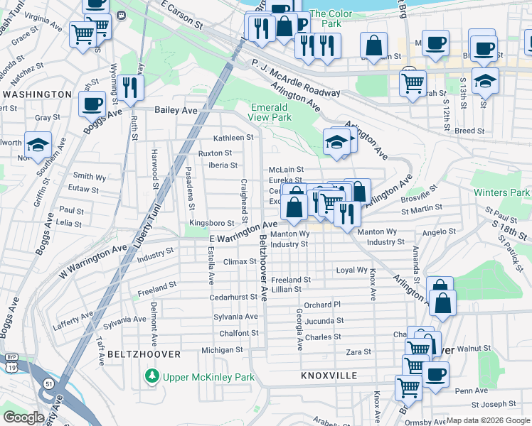 map of restaurants, bars, coffee shops, grocery stores, and more near 617 East Warrington Avenue in Pittsburgh