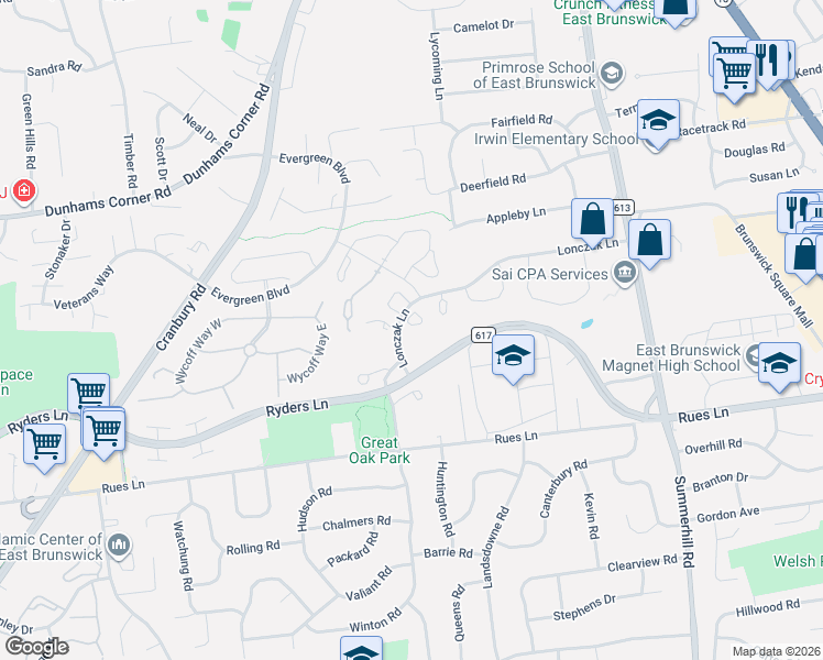 map of restaurants, bars, coffee shops, grocery stores, and more near 95 Van Liew Court in East Brunswick