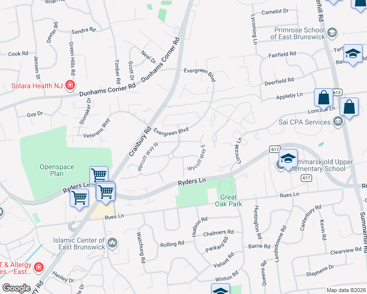 map of restaurants, bars, coffee shops, grocery stores, and more near in East Brunswick