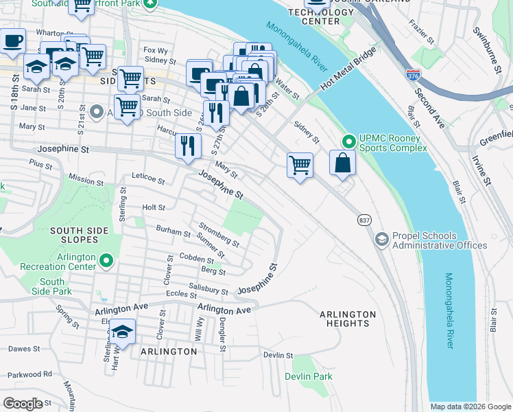 map of restaurants, bars, coffee shops, grocery stores, and more near 3031 Josephine Street in Pittsburgh