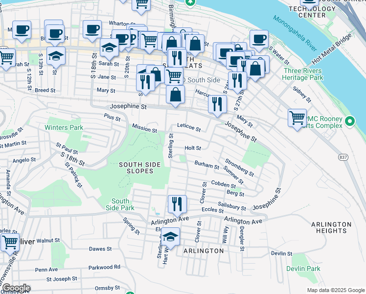 map of restaurants, bars, coffee shops, grocery stores, and more near 2359 Holt Street in Pittsburgh