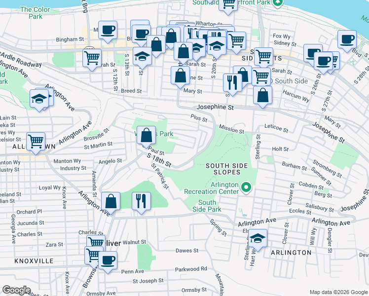 map of restaurants, bars, coffee shops, grocery stores, and more near 1930 Shamokin Street in Pittsburgh