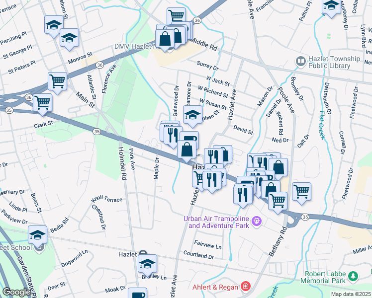 map of restaurants, bars, coffee shops, grocery stores, and more near 3215 New Jersey 35 in Hazlet