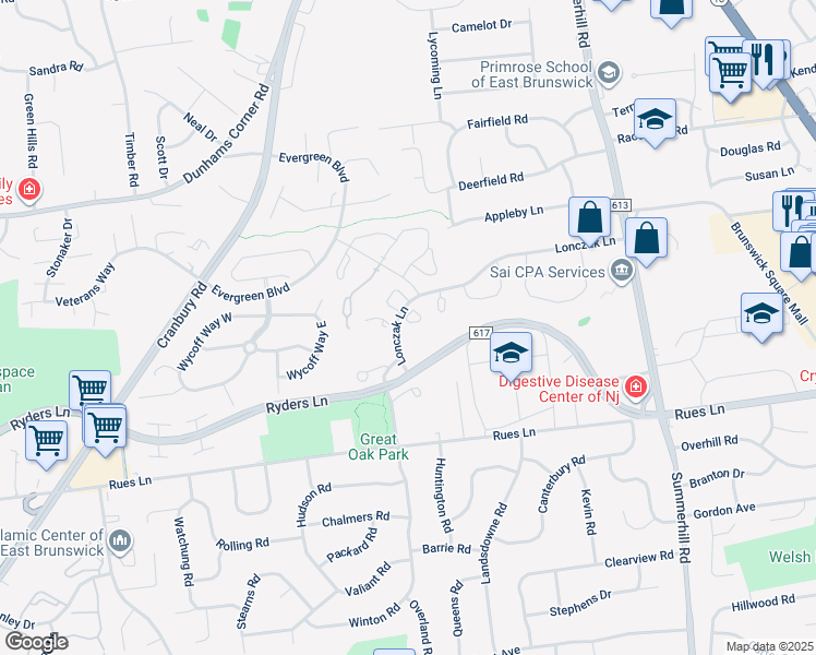 map of restaurants, bars, coffee shops, grocery stores, and more near 90 Van Liew Court in East Brunswick