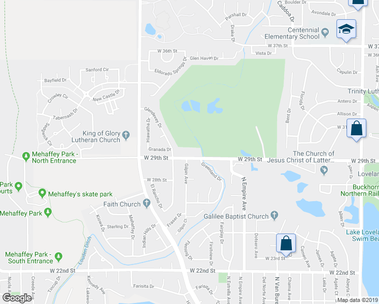 map of restaurants, bars, coffee shops, grocery stores, and more near 2409 West 29th Street in Loveland