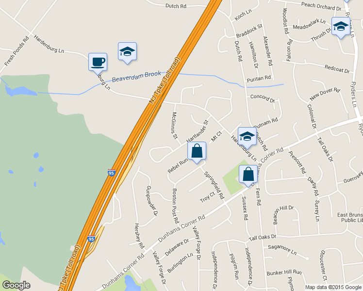 map of restaurants, bars, coffee shops, grocery stores, and more near 18 Hartlander Street in East Brunswick