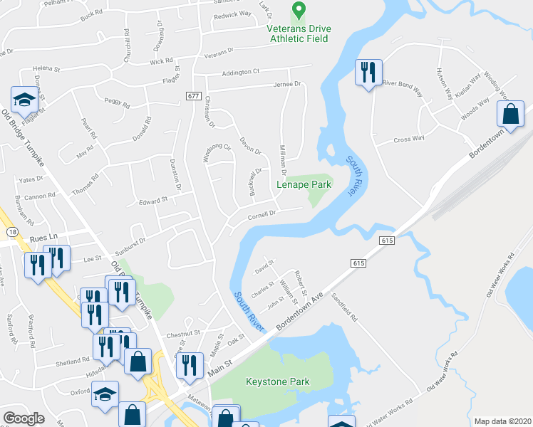 map of restaurants, bars, coffee shops, grocery stores, and more near 25 Cornell Drive in East Brunswick