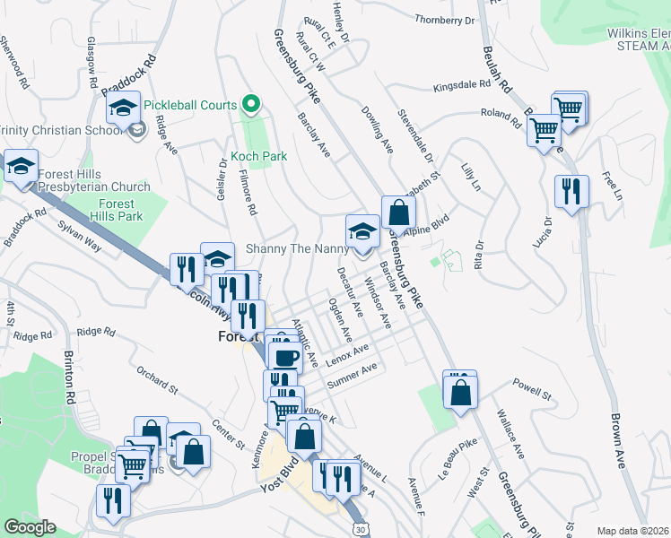 map of restaurants, bars, coffee shops, grocery stores, and more near 445 Decatur Avenue in Pittsburgh