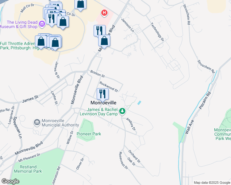 map of restaurants, bars, coffee shops, grocery stores, and more near 124 Rockwood Street in Monroeville